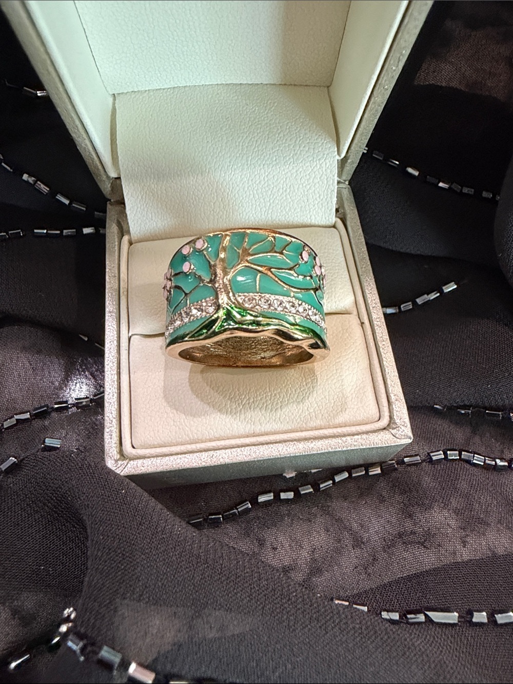 Gold Tree of Life Wide Band Ring in Teal Enamel